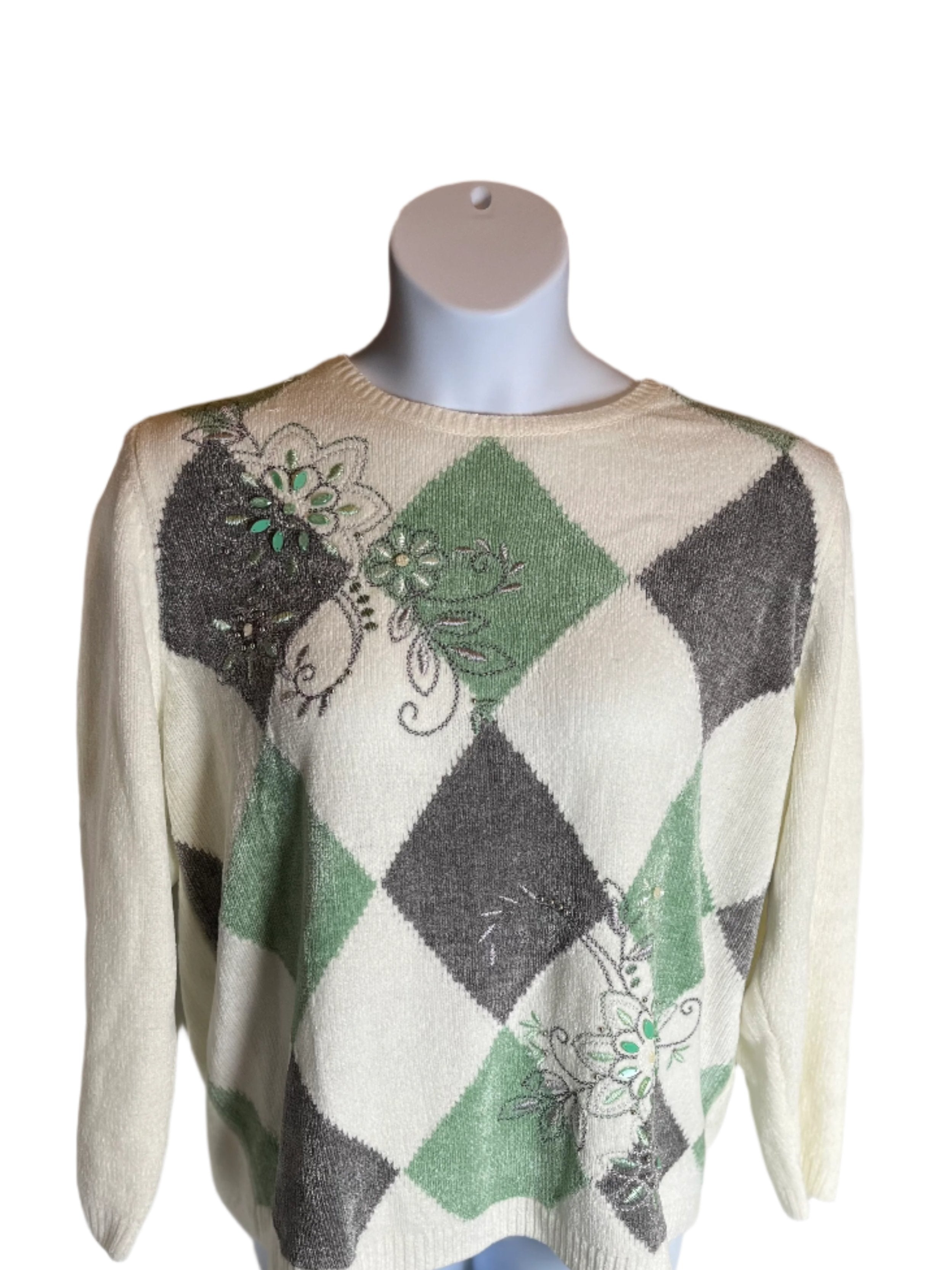 Alfred Dunner(Size  1X) Pull over Sweater Beige/Green/Gray with Jeweled designs