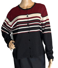 Dress Barn Tri-Colored/Striped (Black, Burgundy, White) Buttoned Long Sleeves Cardigan