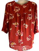 Torrid-Burgundy Floral Tunic V Neck Plus size (3x) buttoned blouse (3/4 Wide Sleeves)