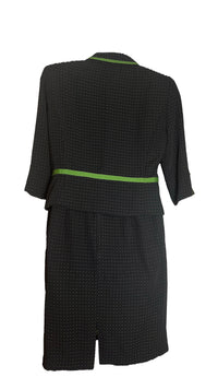 2 Piece Skirt Suit Black and Green Polka Dots with stylish Ribbon Sleeves and buttoned Jacket (Size 16)