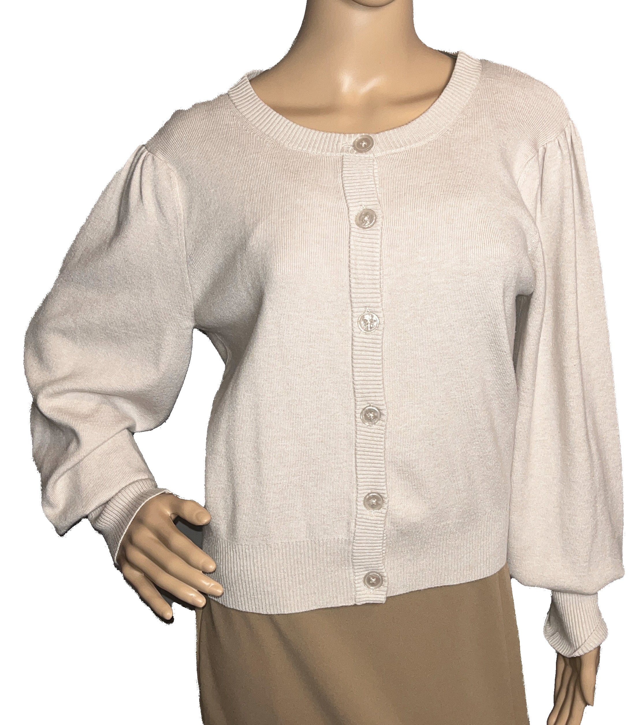 Tahari Buttoned Sweater Beige with Bouffant Sleeves (size Large)