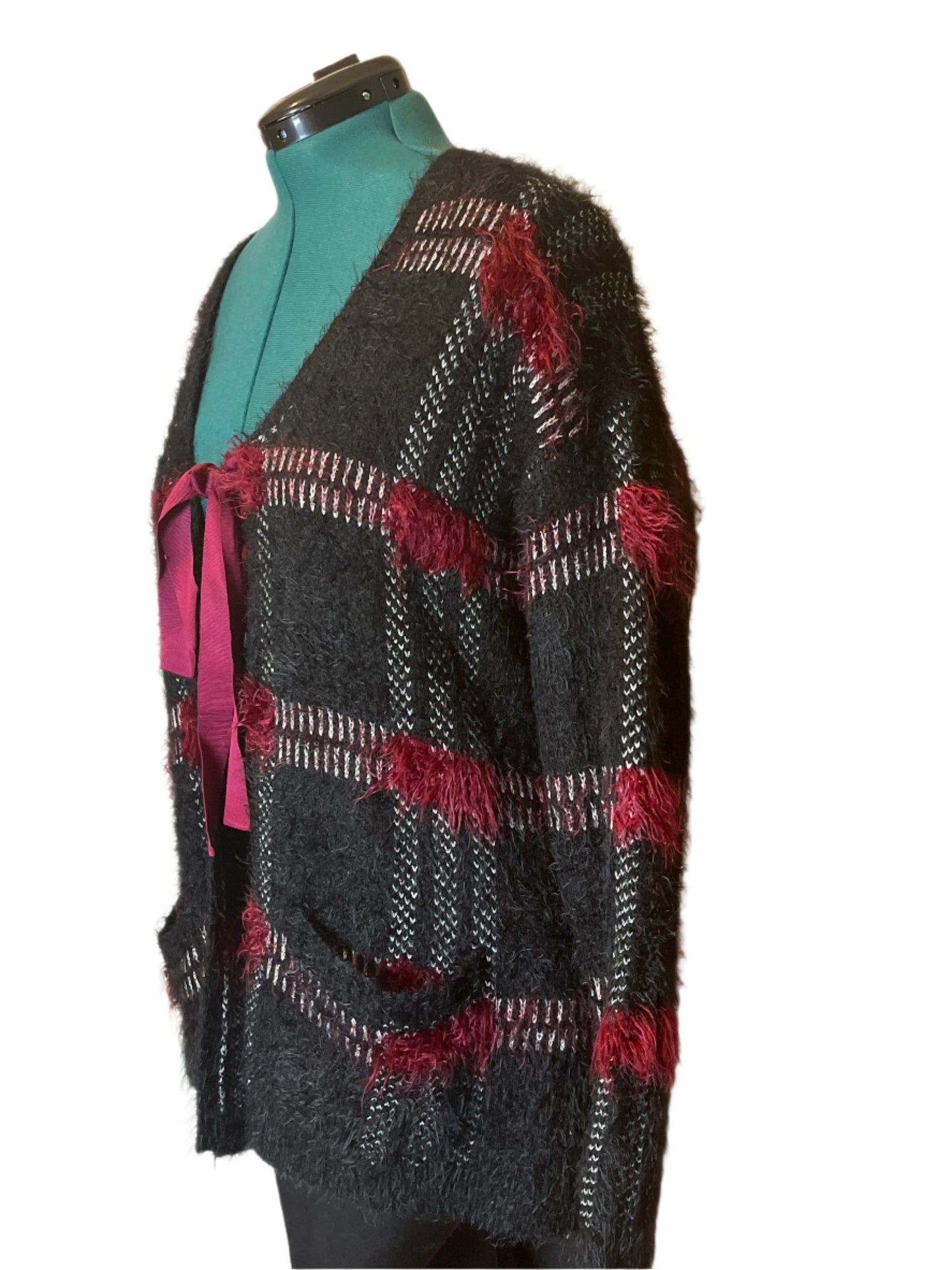 Forever 21 Poncho Style - Black and Pink Cardigan with Ribbon Tie (Size Large)