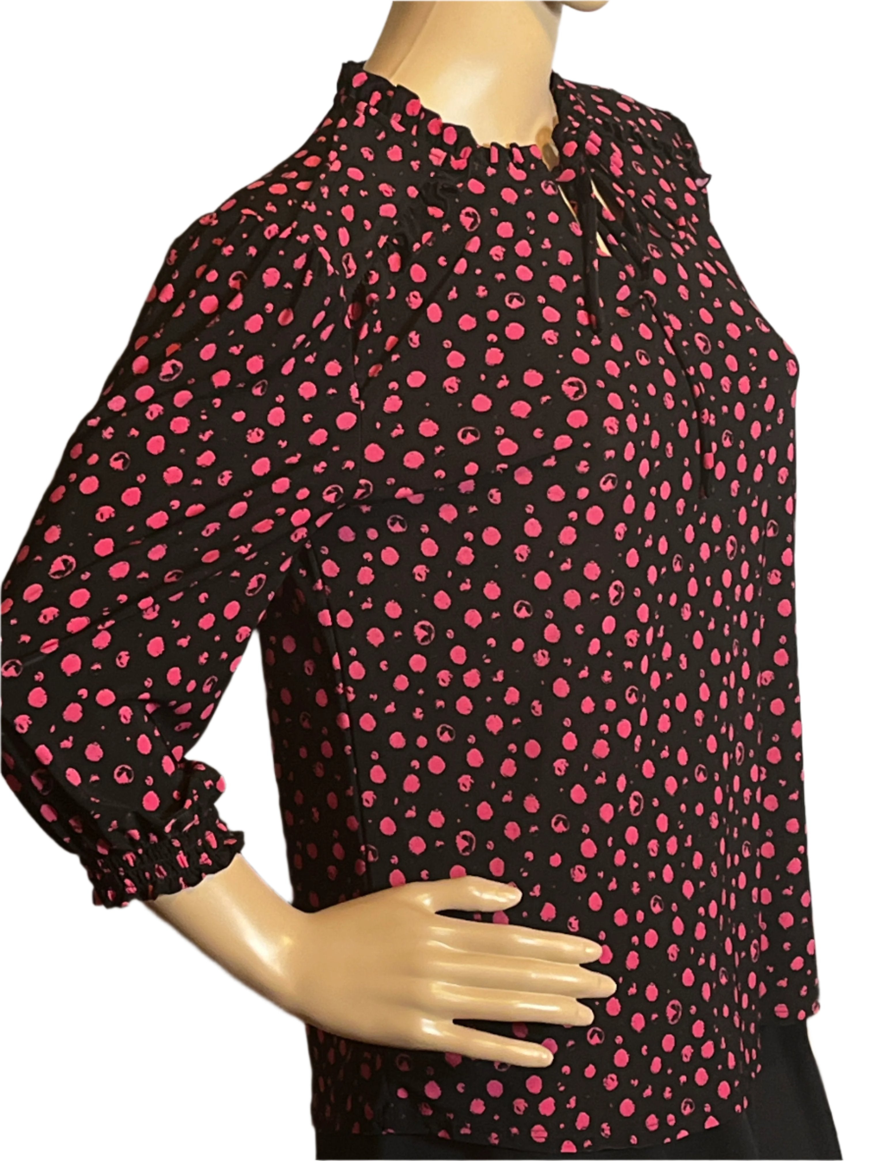 Casual or workwear 3/4 Sleeved women’s black with pink distinct pattern pull over shirt/blouse (size Petite small) from Cocomo.