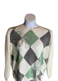 Alfred Dunner(Size  1X) Pull over Sweater Beige/Green/Gray with Jeweled designs