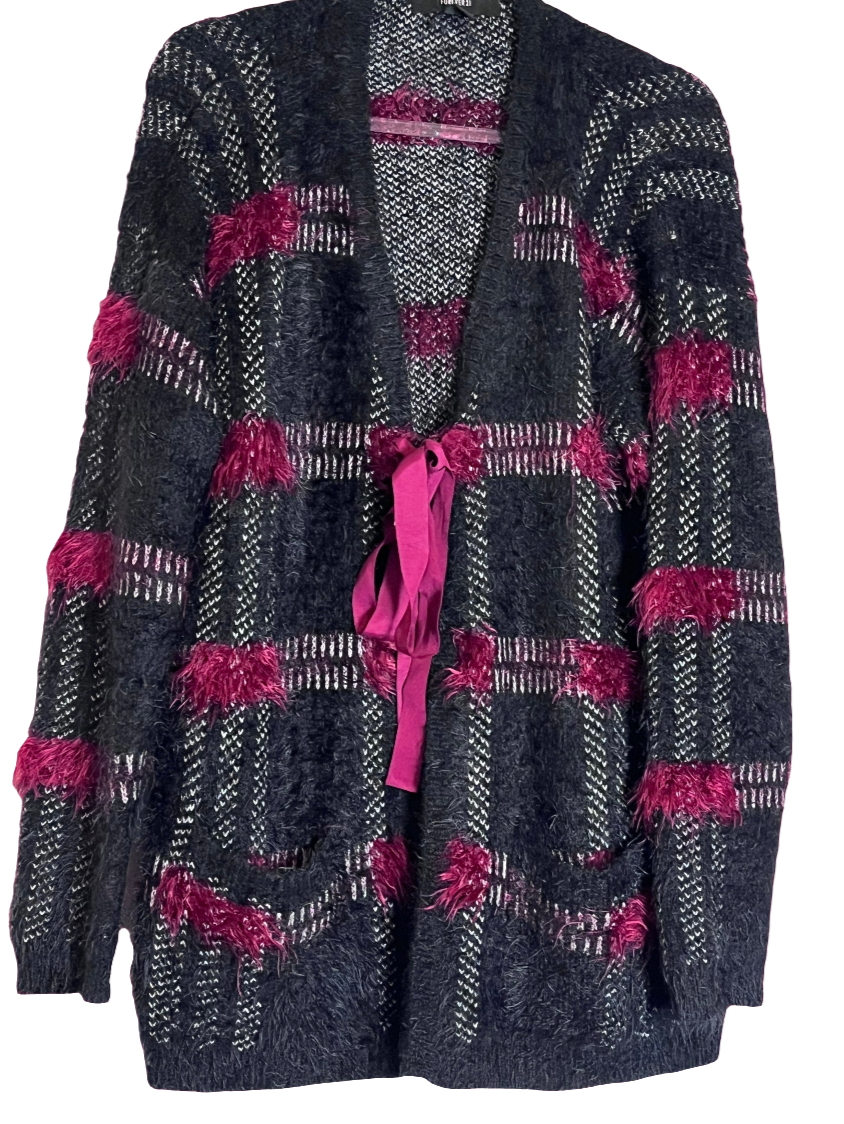 Forever 21 Poncho Style - Black and Pink Cardigan with Ribbon Tie (Size Large)